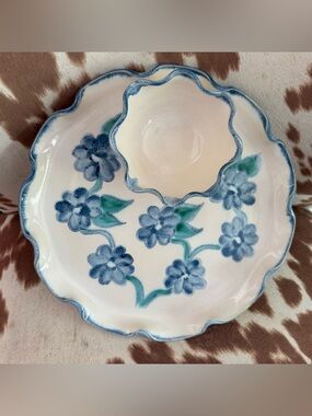 Vintage Blue Floral Ceramic Chip & Dip Serving Set Handmade Hand-painted